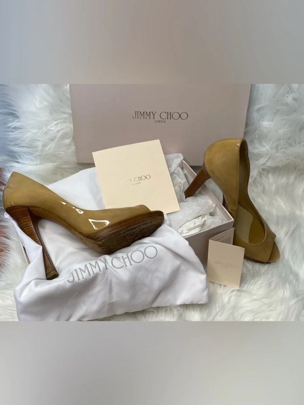 Jimmy Choo Nude Patent Leather Peep-Toe Pumps with Wooden Heels. Authentic - Picture 16 of 17
